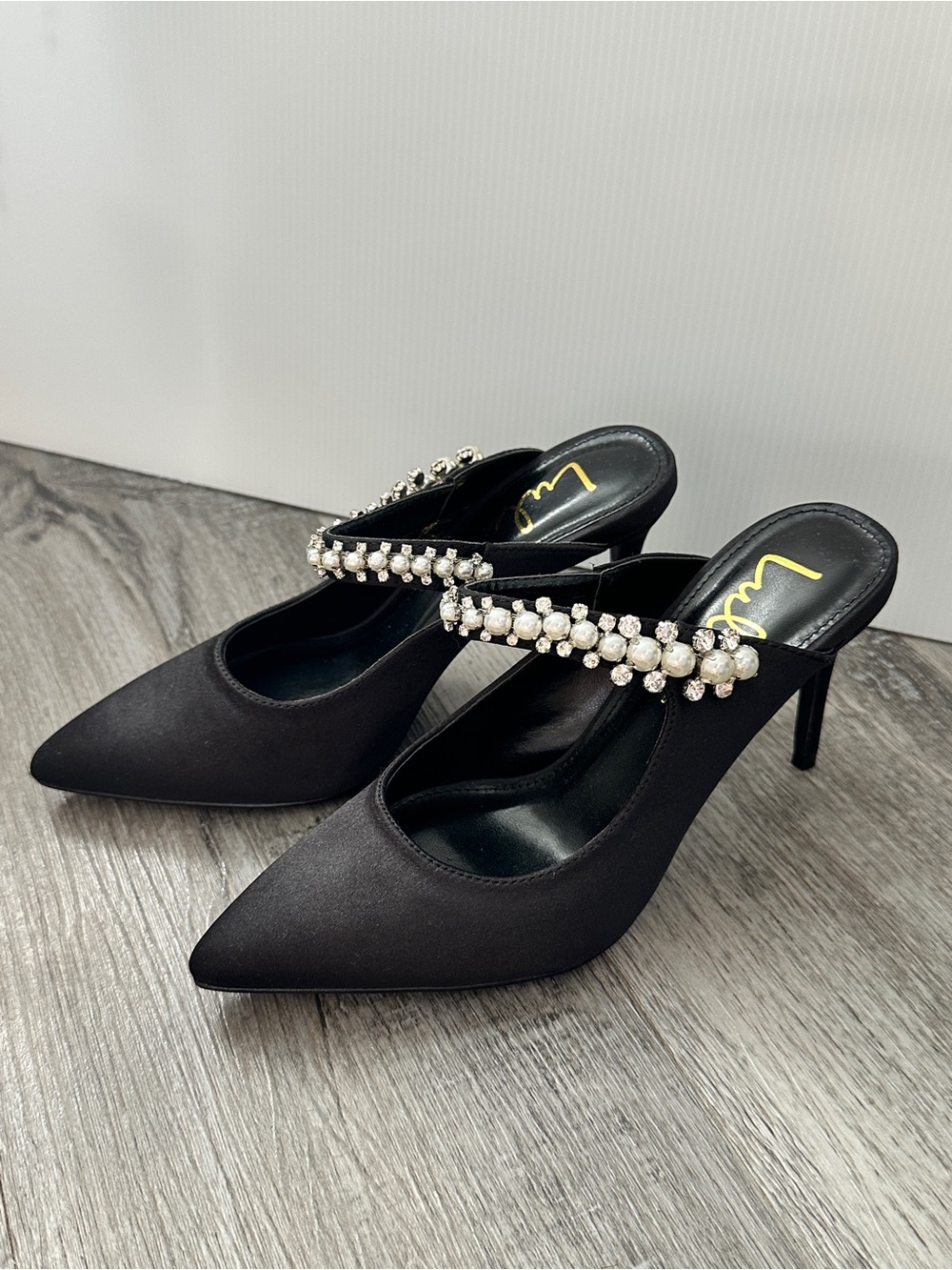 Lulu's Black Satin Pointed-Toe Mules with Crystal Embellished Strap